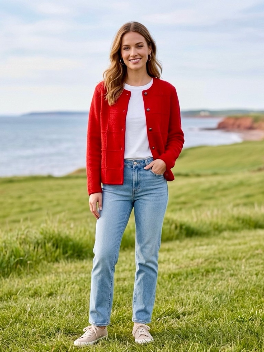 Red Button-Front Knit Blazer Jacket - Women's